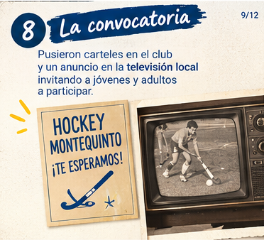 Cartel y anuncio de televisión local convocando a jóvenes y adultos a probar el hockey en Montequinto